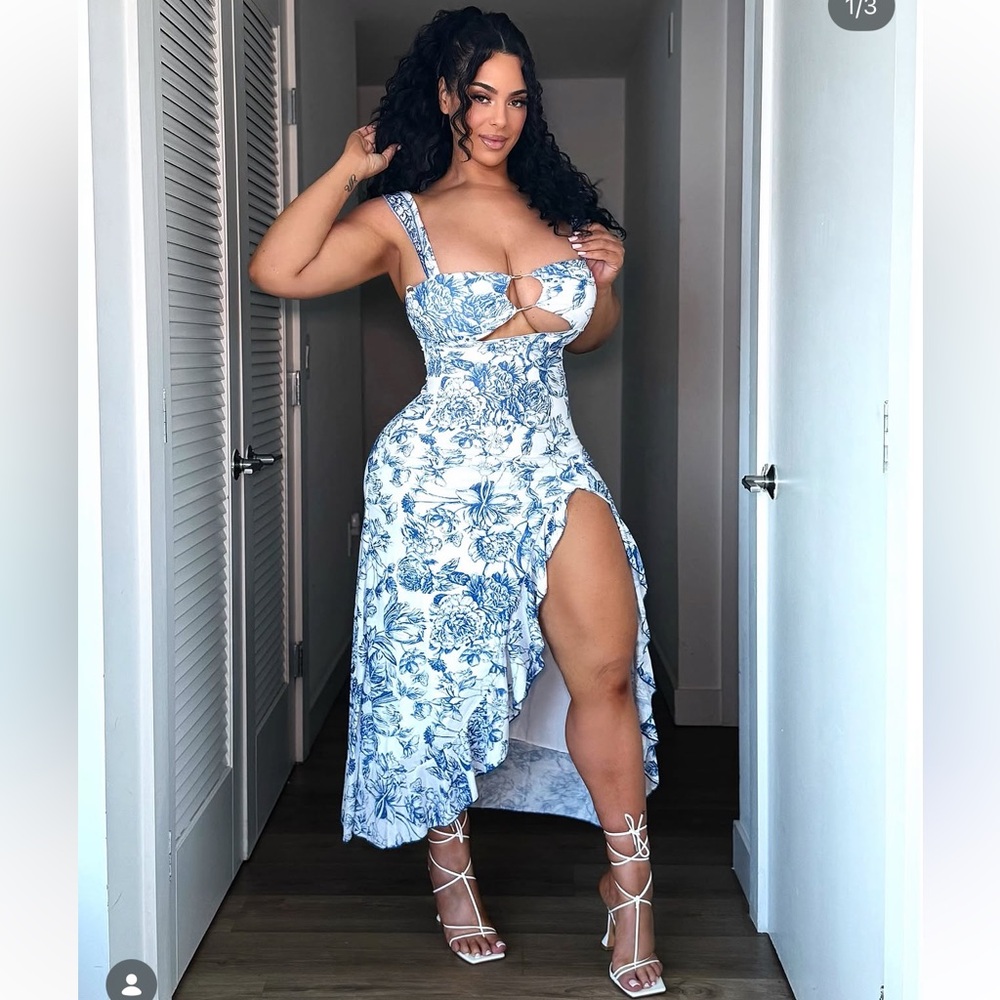 Blue & White Floral Cutout Maxi Dress with High Slit